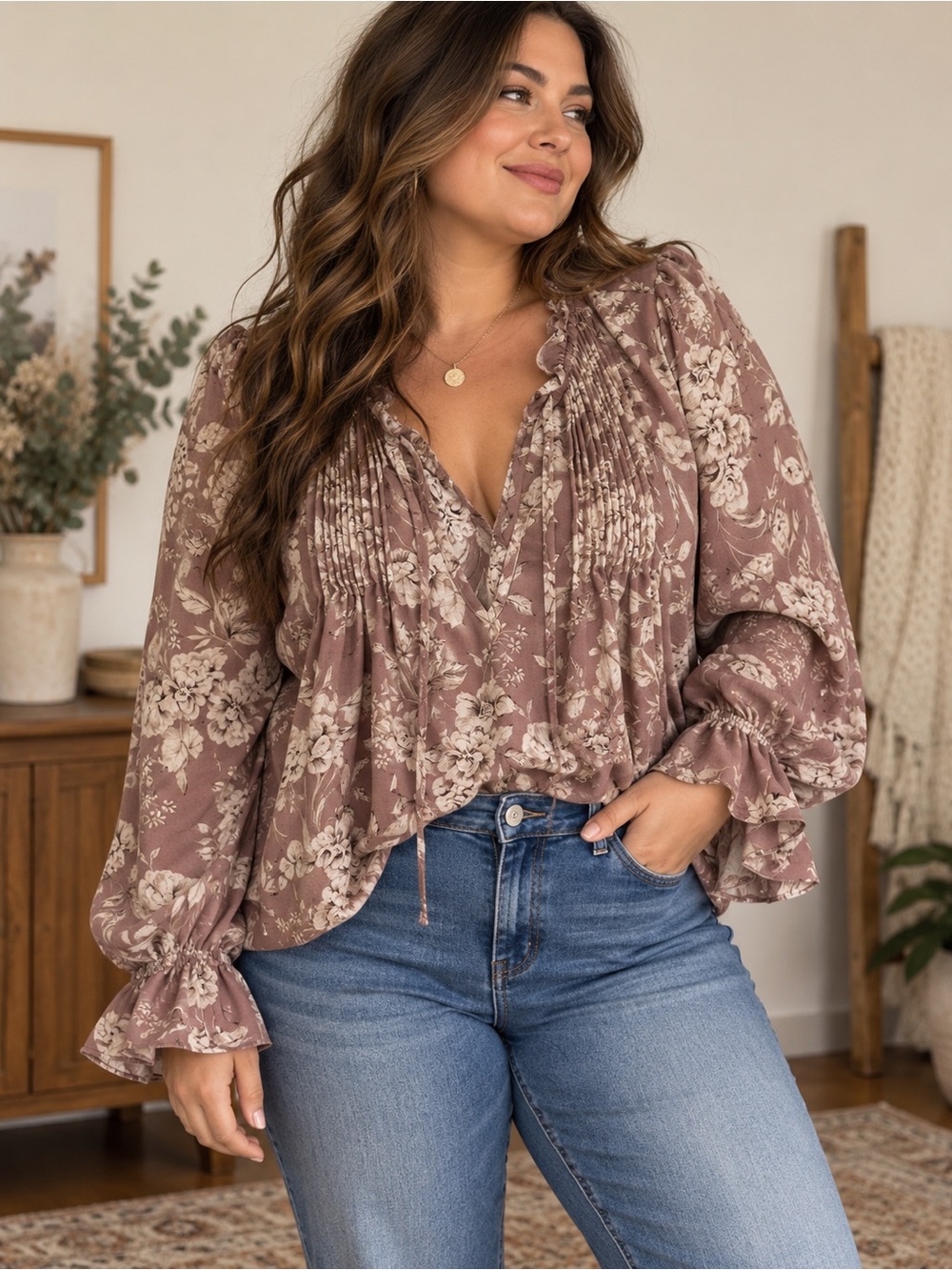 Torrid Floral Ruffle Neck Peasant Blouse Mauve Boho Romantic Bell Sleeve
